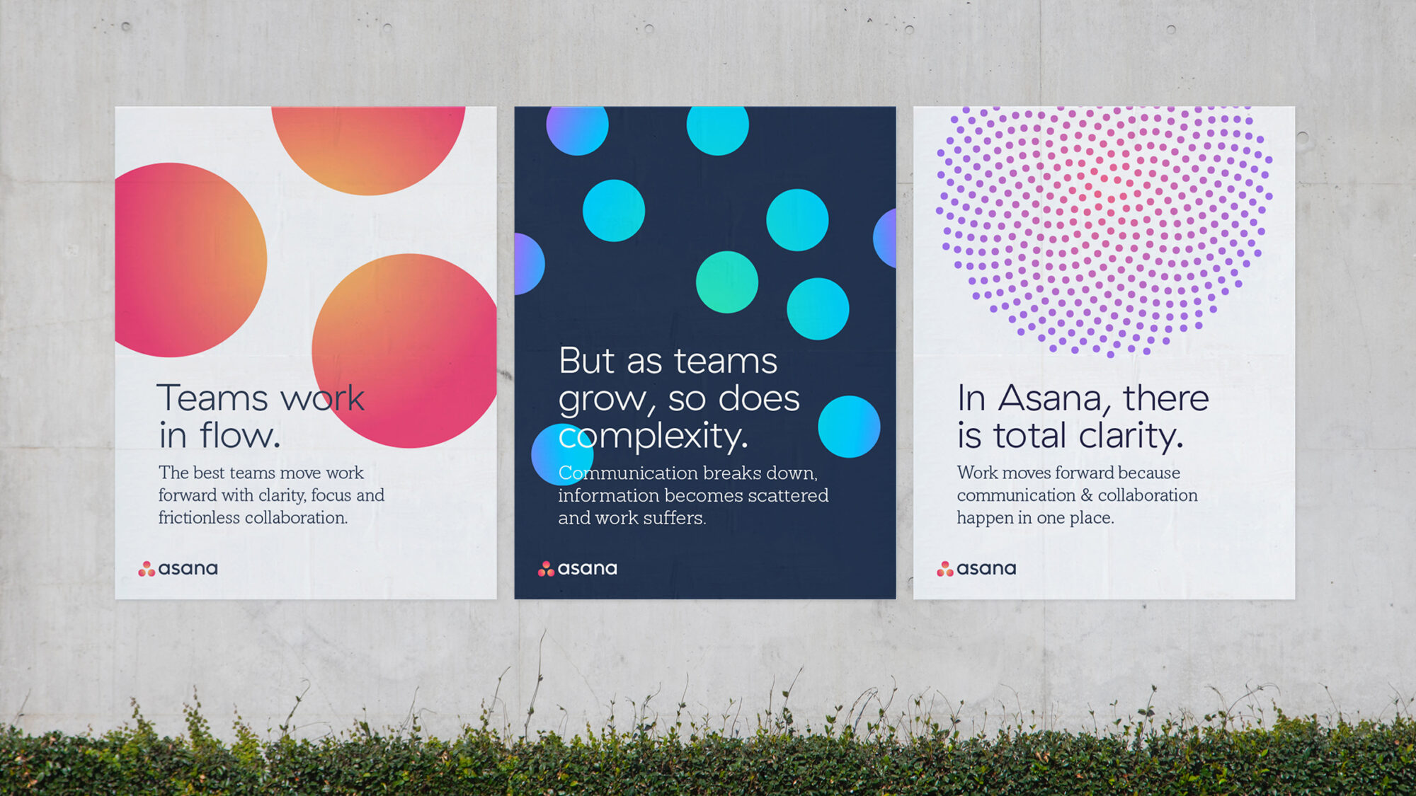 A street with three graphic Asana posters pasted on the wall. The middle poster features a brand texture and the title “But as teams grow, so does complexity”