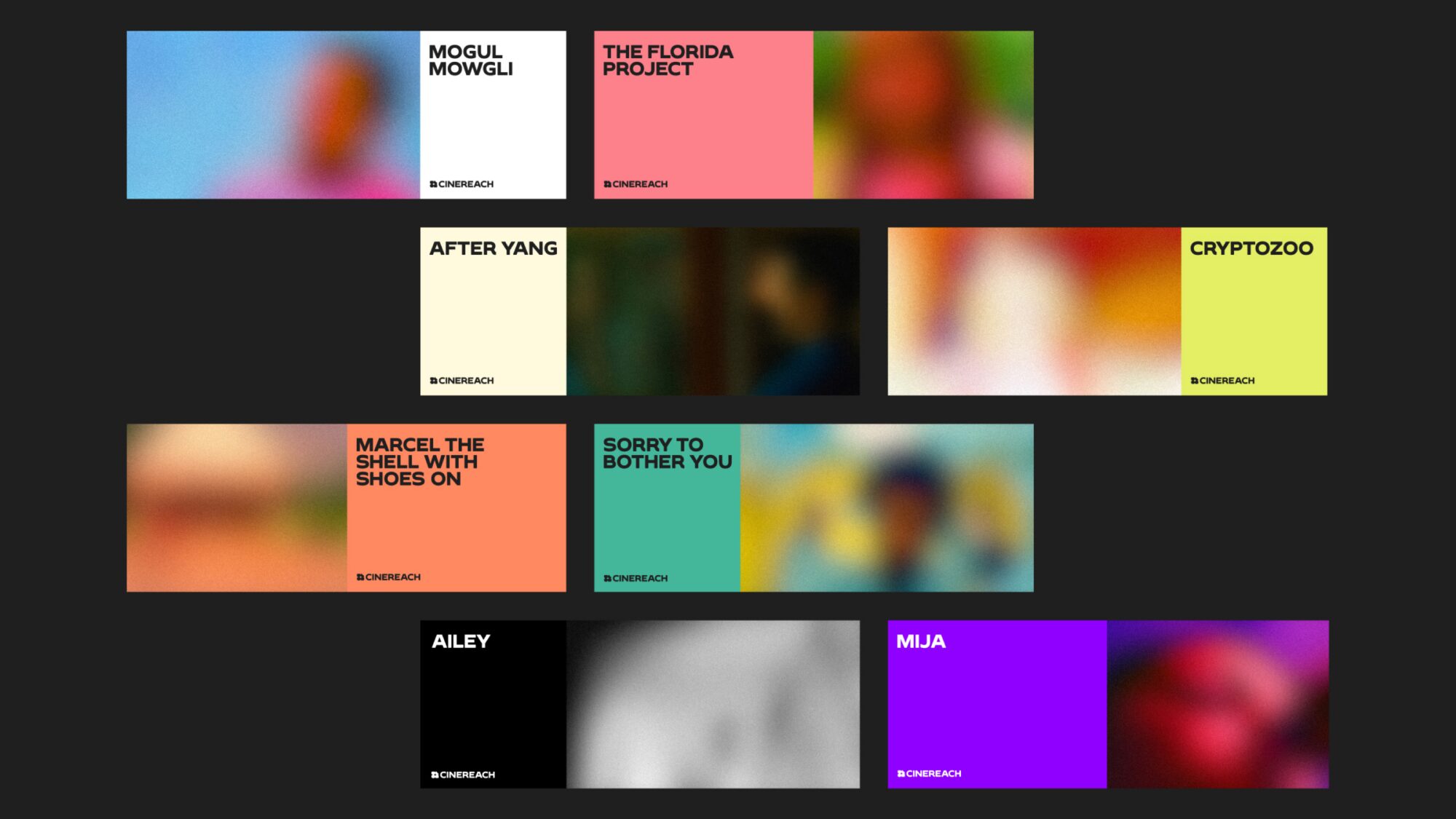 A web page showing how the brand could be expressed digitally, with tiles for different films for people to watch. Titles include After Yang, Cryptozoo, and Sorry to Bother You.