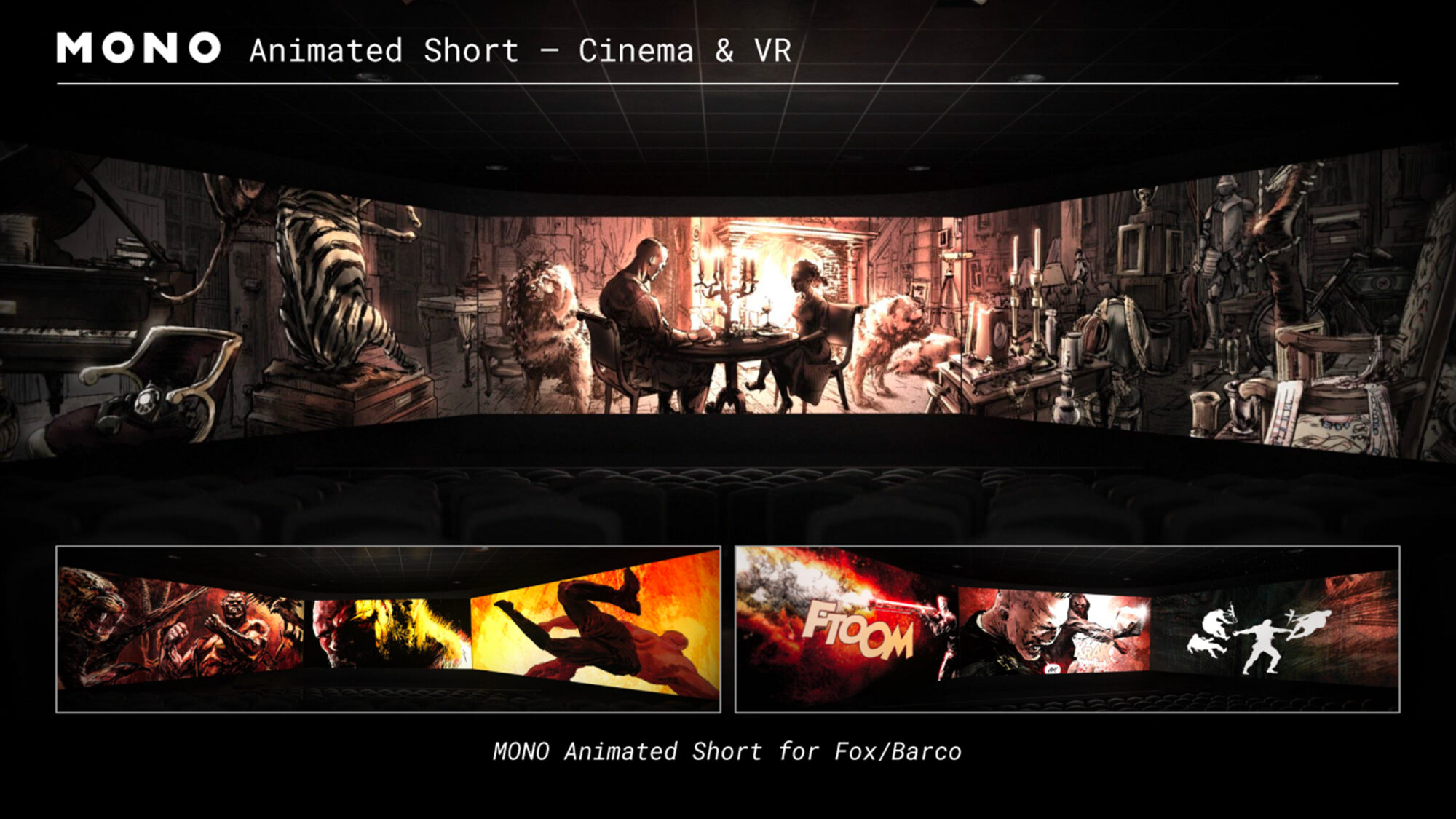 A diagram with three panels showing a very widescreen cinema with scenes from the Mono animation