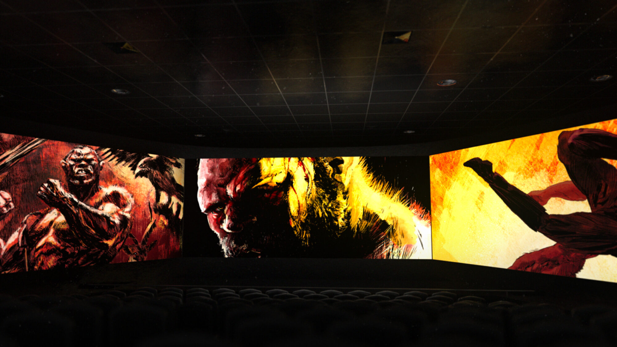 A view of a Mono animated film being placed in a super widescreen cinema screen.