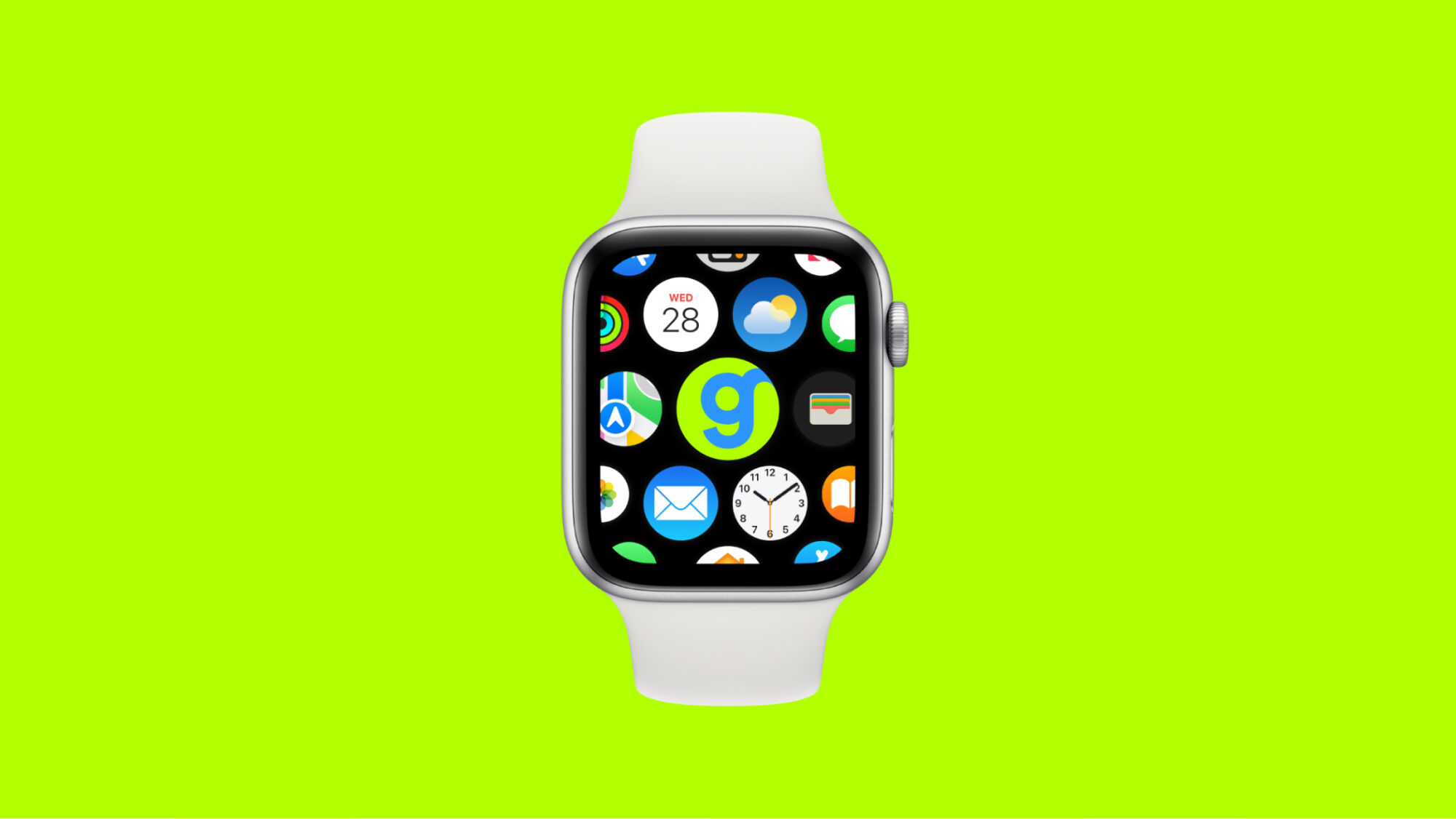An Apple watch mock-up with app icons including the Gym Group.