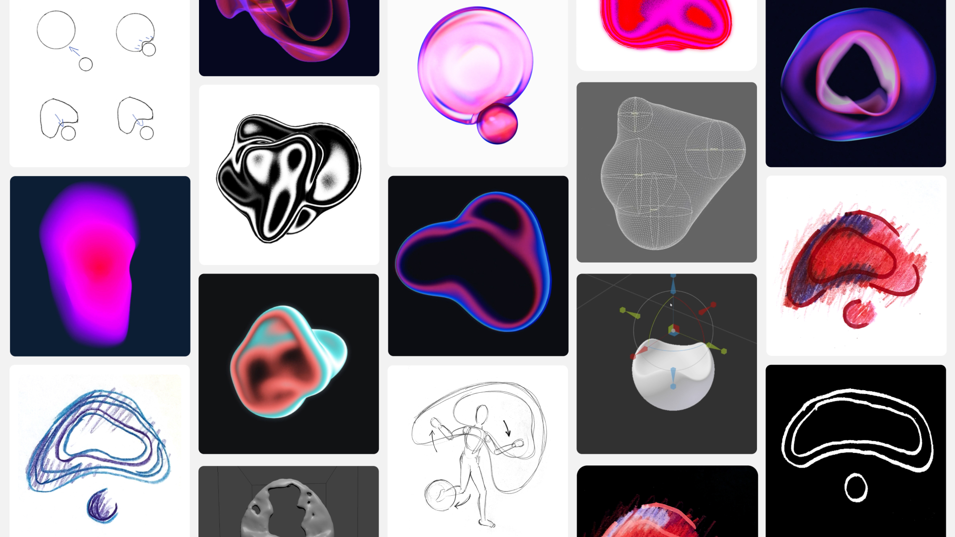 Multiple images and drawings showing how the exploratory and conceptual brand work developed.