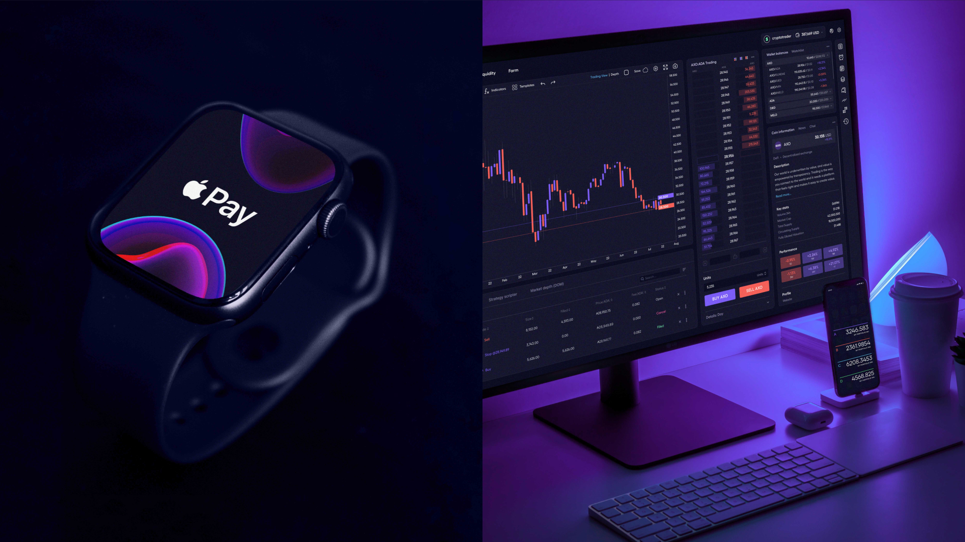 How the new brand would look on an Apple watch and a desktop screen showing the crypto markets.