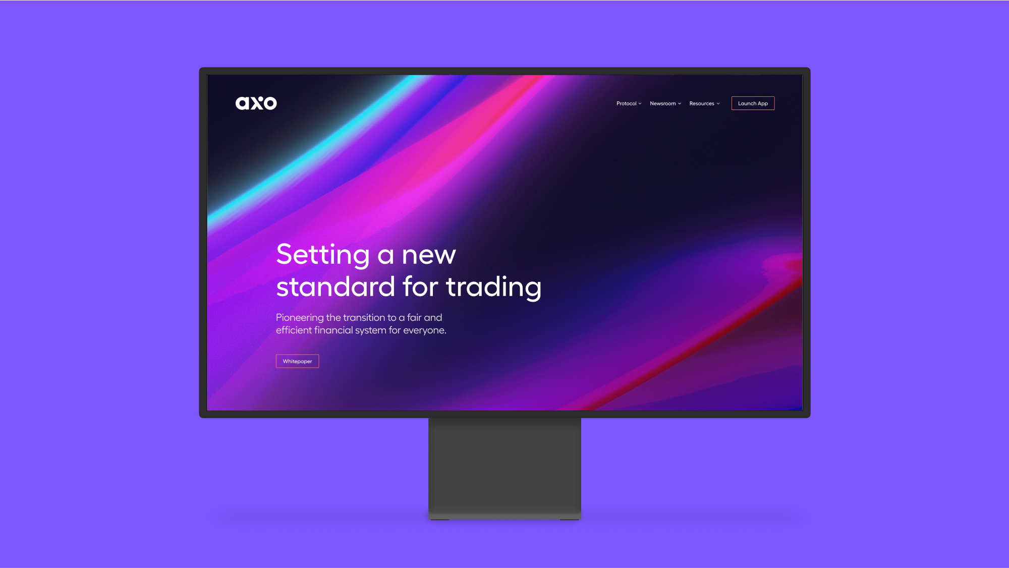 How the axo homepage could look on a computer screen, with its fluid and vibrant new brand featuring a range of blues, reds and purples