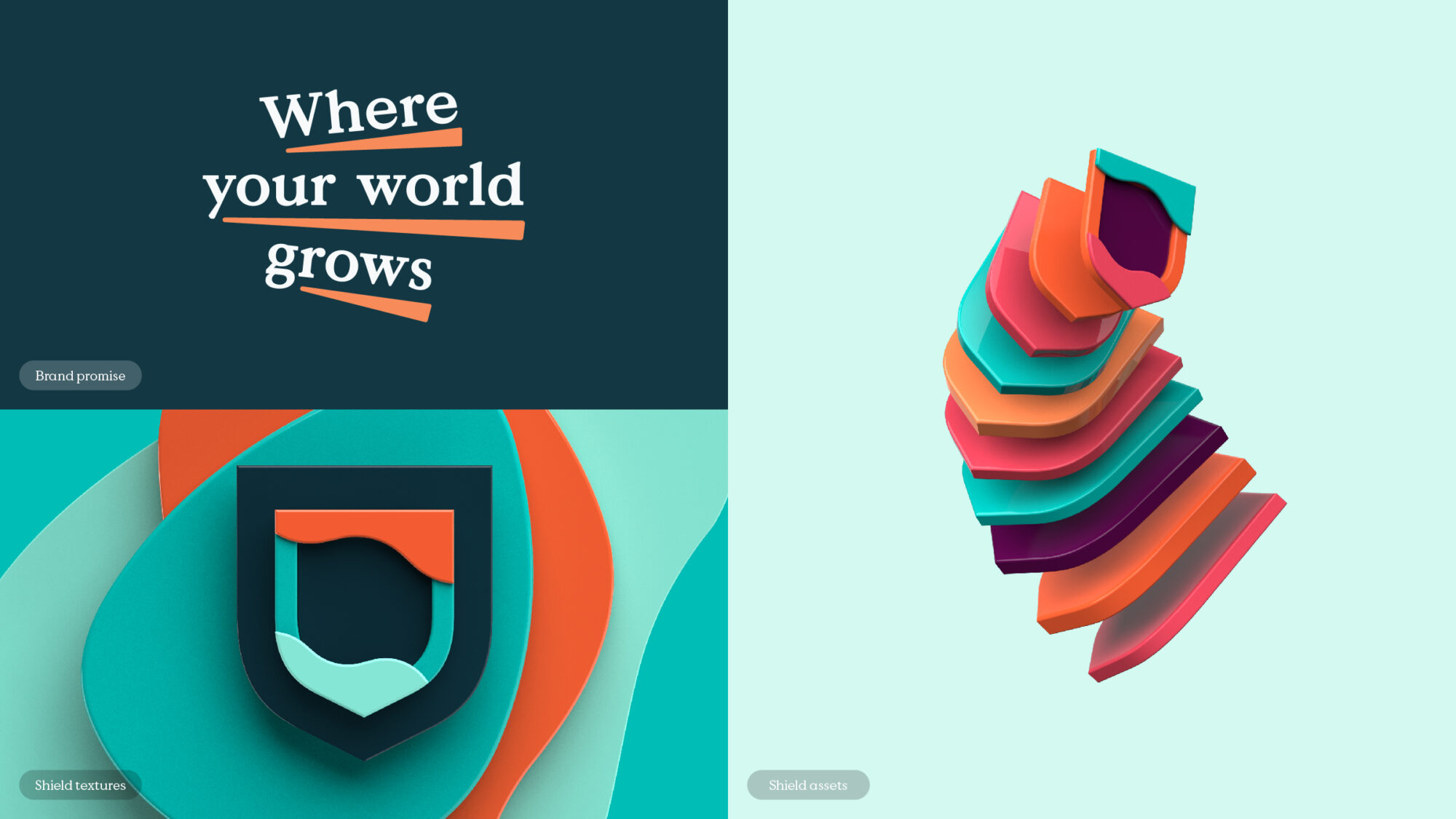 A grid of visuals with a 3D visual of a stack of colourful, clay-like Cambridge university logos on the right.