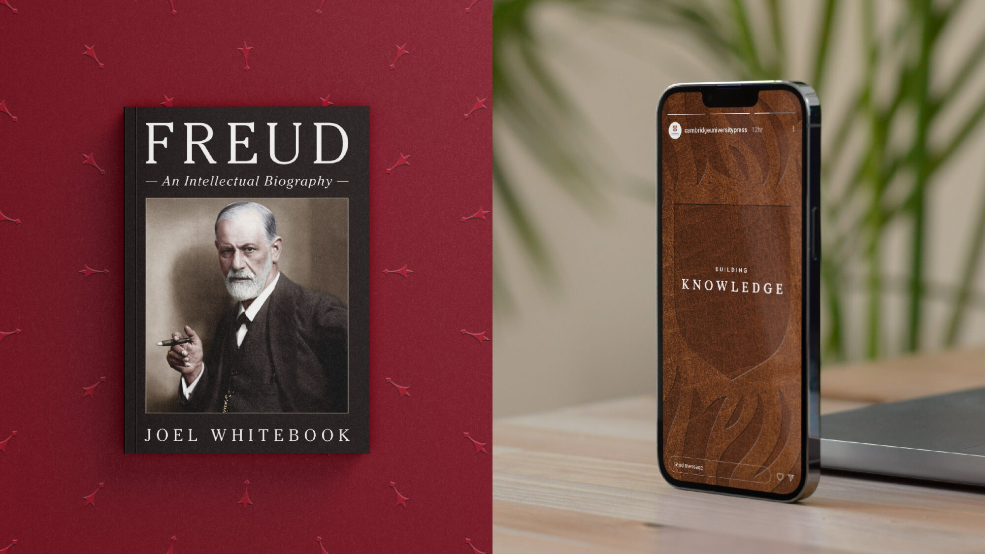 A copy of Freud's biography on a red brand pattern next to a phone showing a Cambridge Press Instagram story.