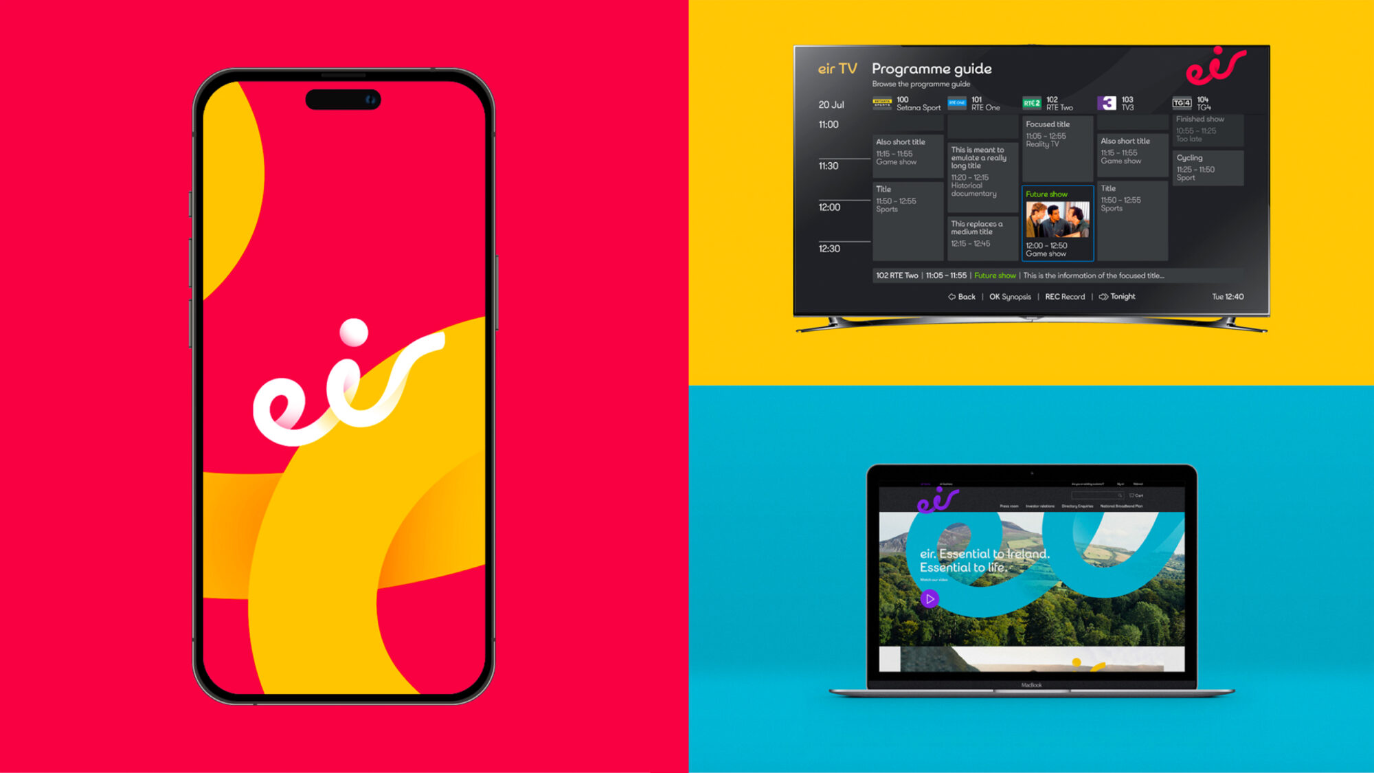 Different mobile devices featuring the eir wordmark and new brand expression.