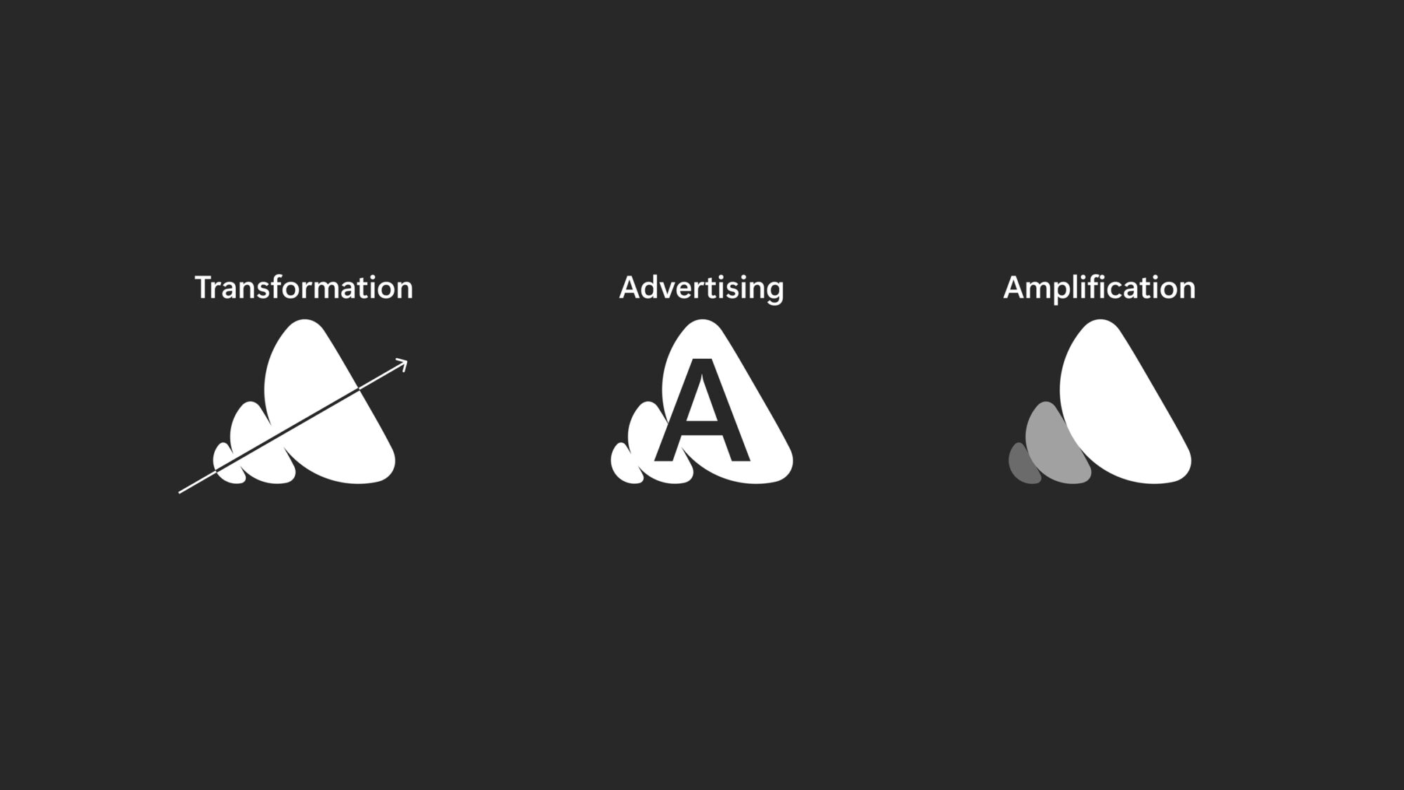Three different stages of the Microsoft Advertising logo showing that it was inspired by transformation, the letter A for Advertising and amplification.