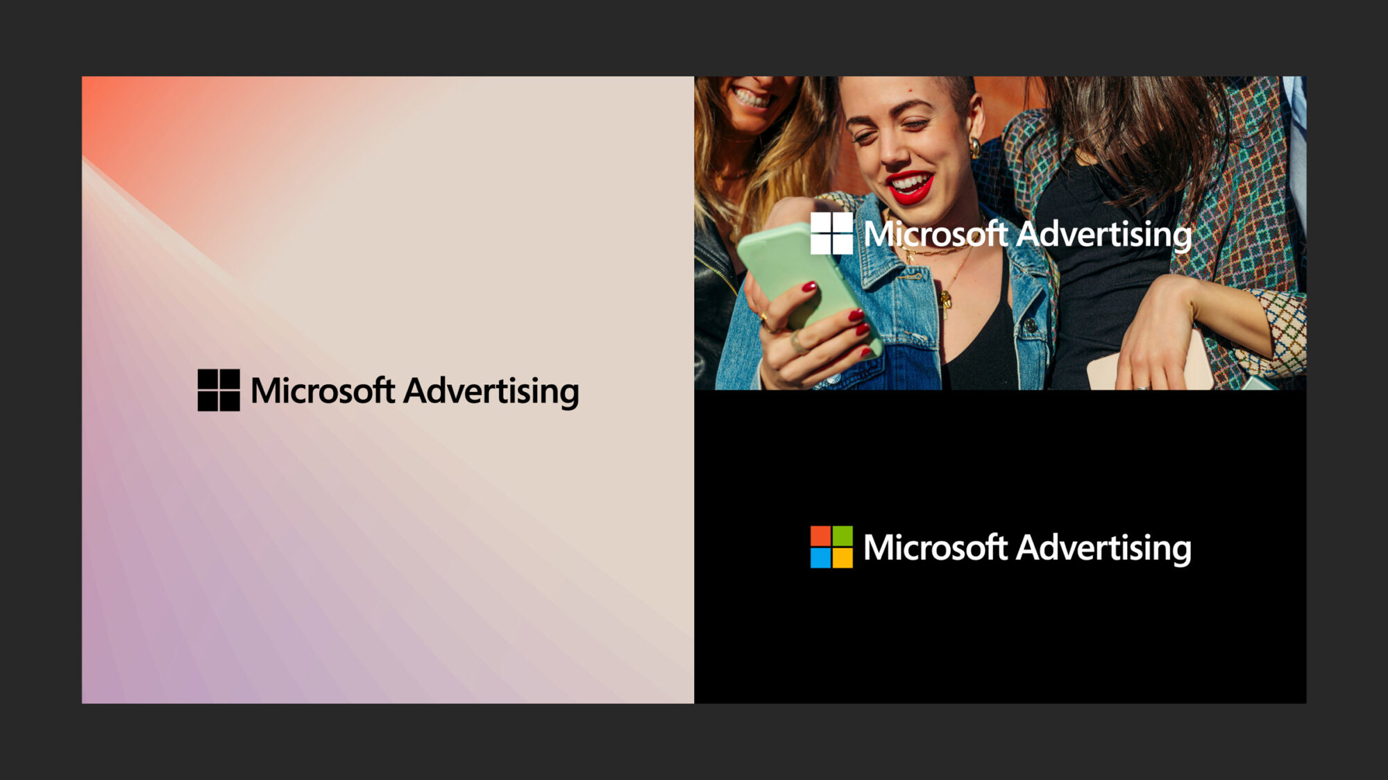 A grid of the Microsoft Advertising logo on different backgrounds. The logo on the left is overlaying a brand pattern, the logos on the right are overlaying photography and a black background.