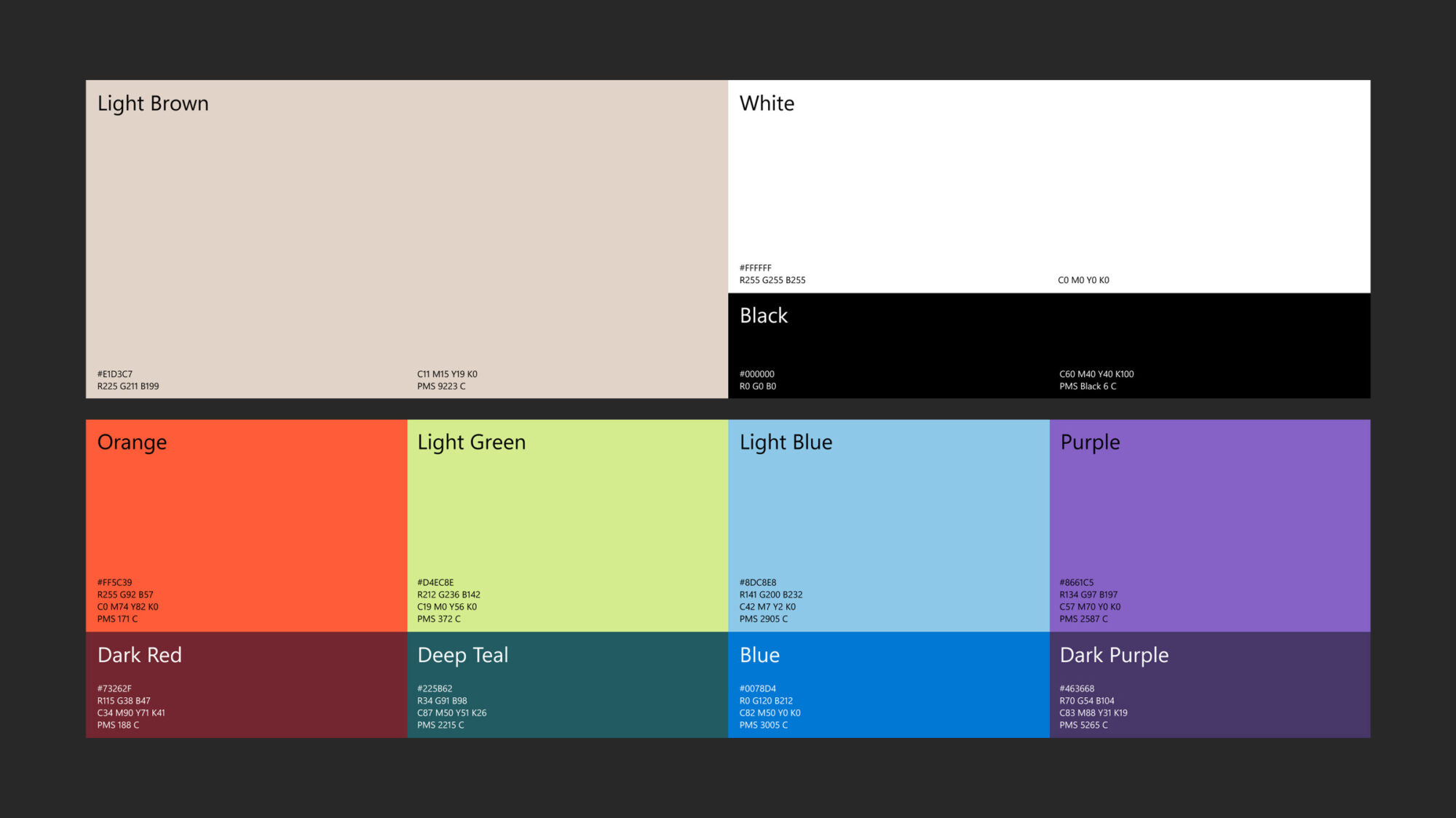The brand colour palette on a dark grey background.