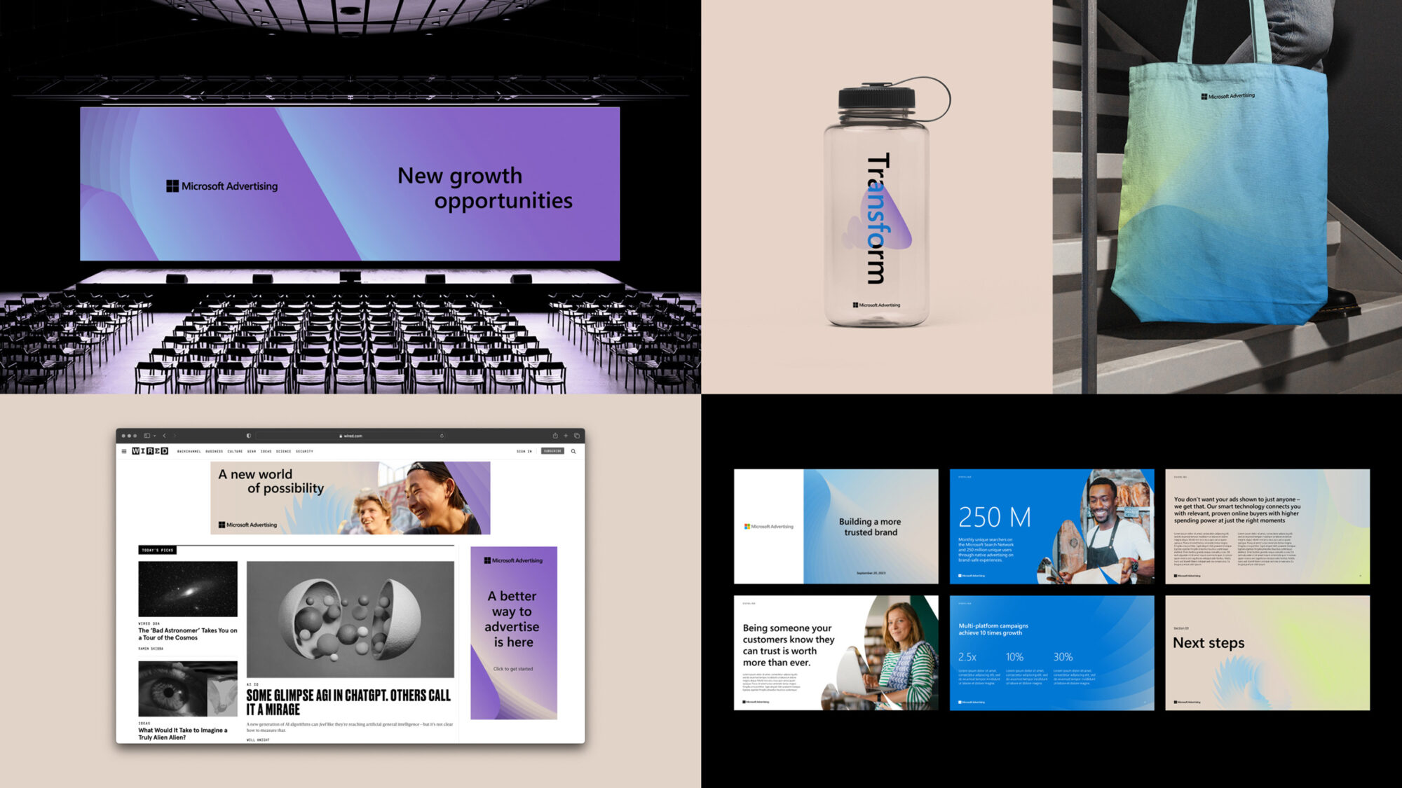 A grid of five Microsoft Advertising brand applications ranging from a large presentation screen, a water bottle and tote bag, an online ad and presentation design.