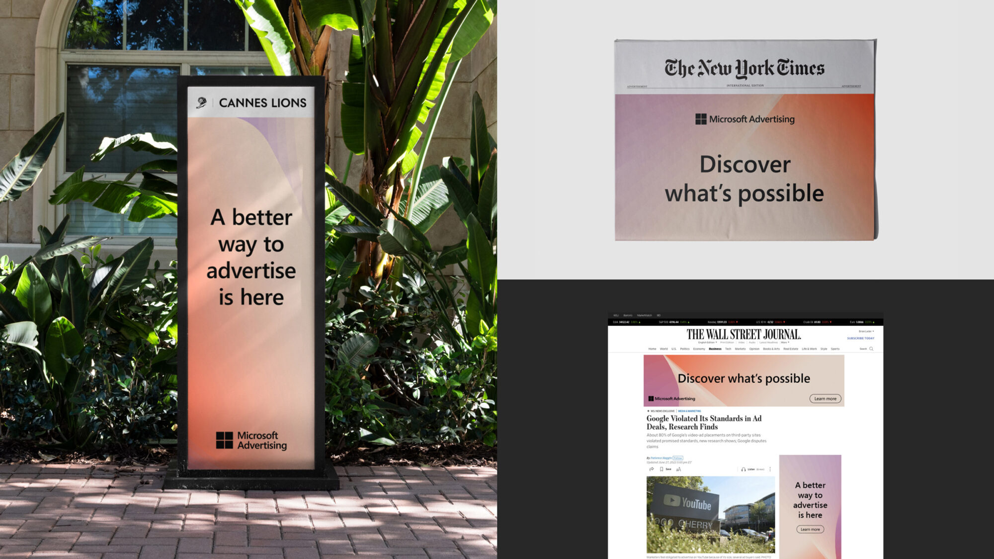 A grid of three Microsoft Advertising brand applications showing an out of home ad on the left at the Cannes Lions event and a newspaper and website ad on the right.