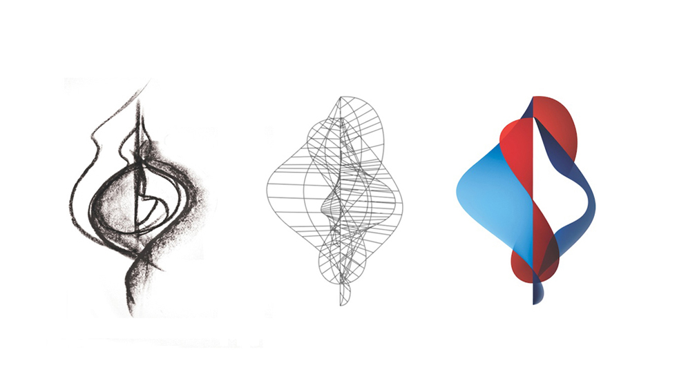 Three different stages of the Swisscom logo from sketch to the finished render.