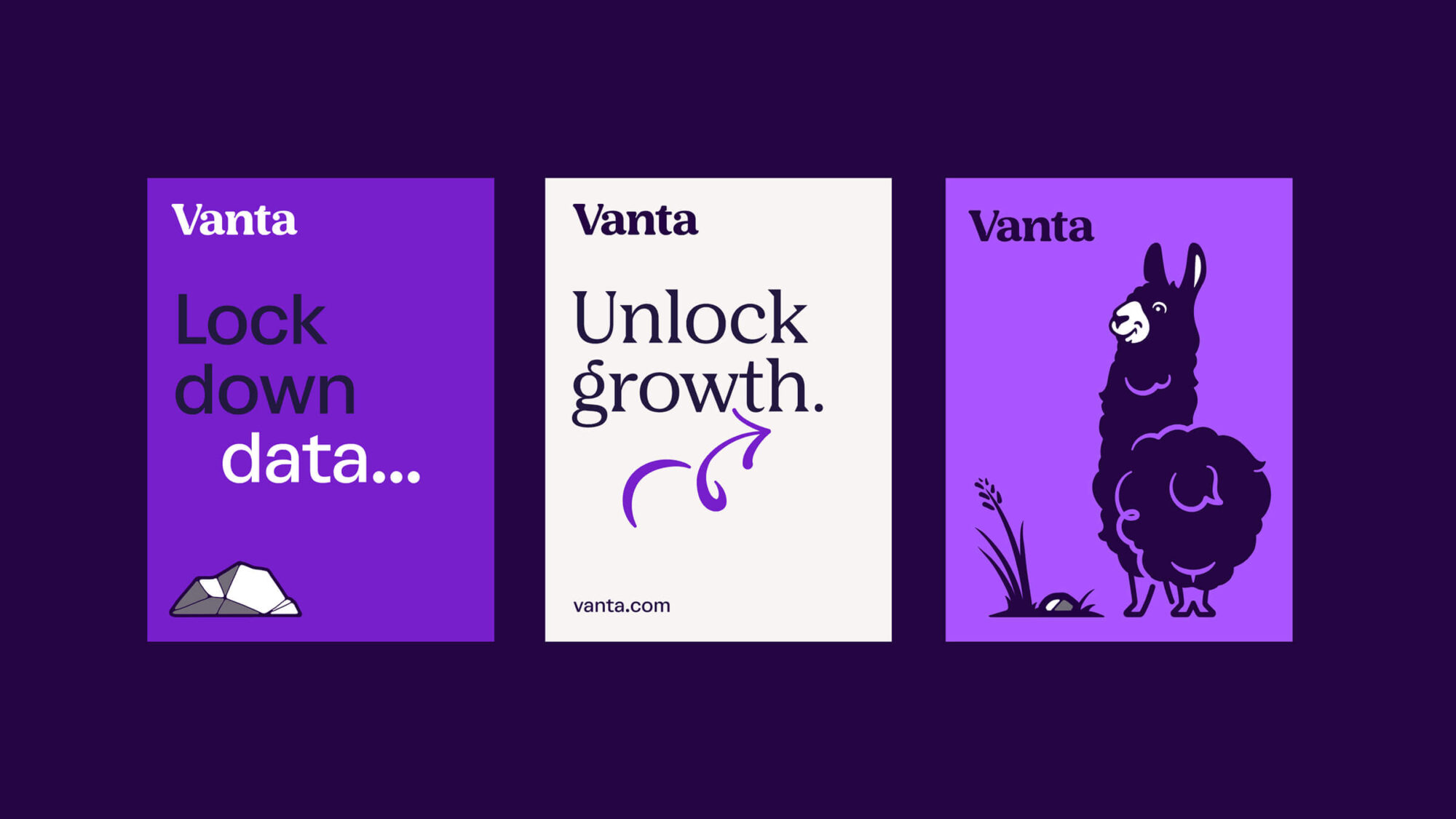 Three graphic Vanta posters featuring a llama illustration and the title “Lock down data... Unlock growth.”