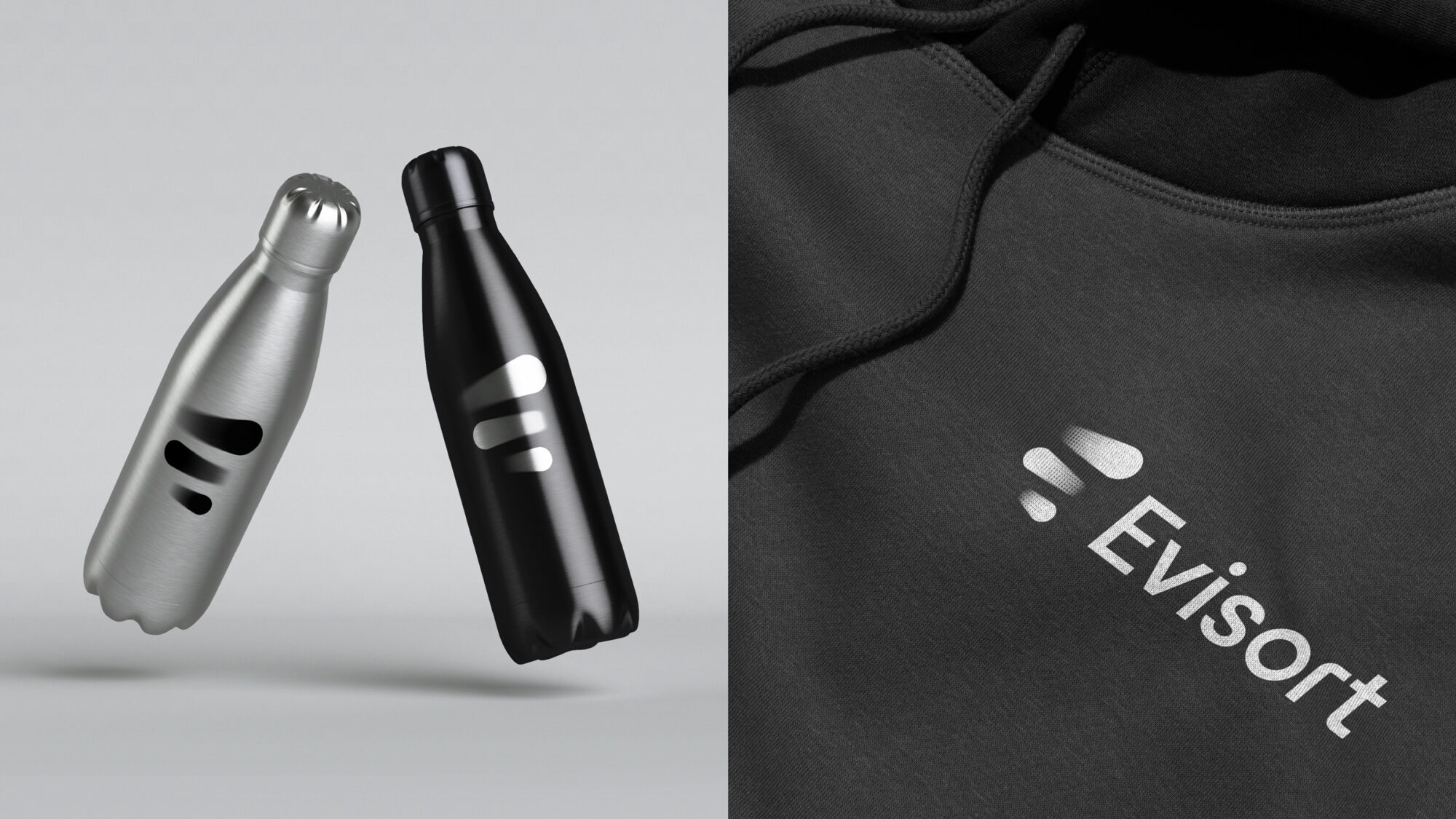 Merch visuals of water bottles and a hoodie with the Evisort logo.