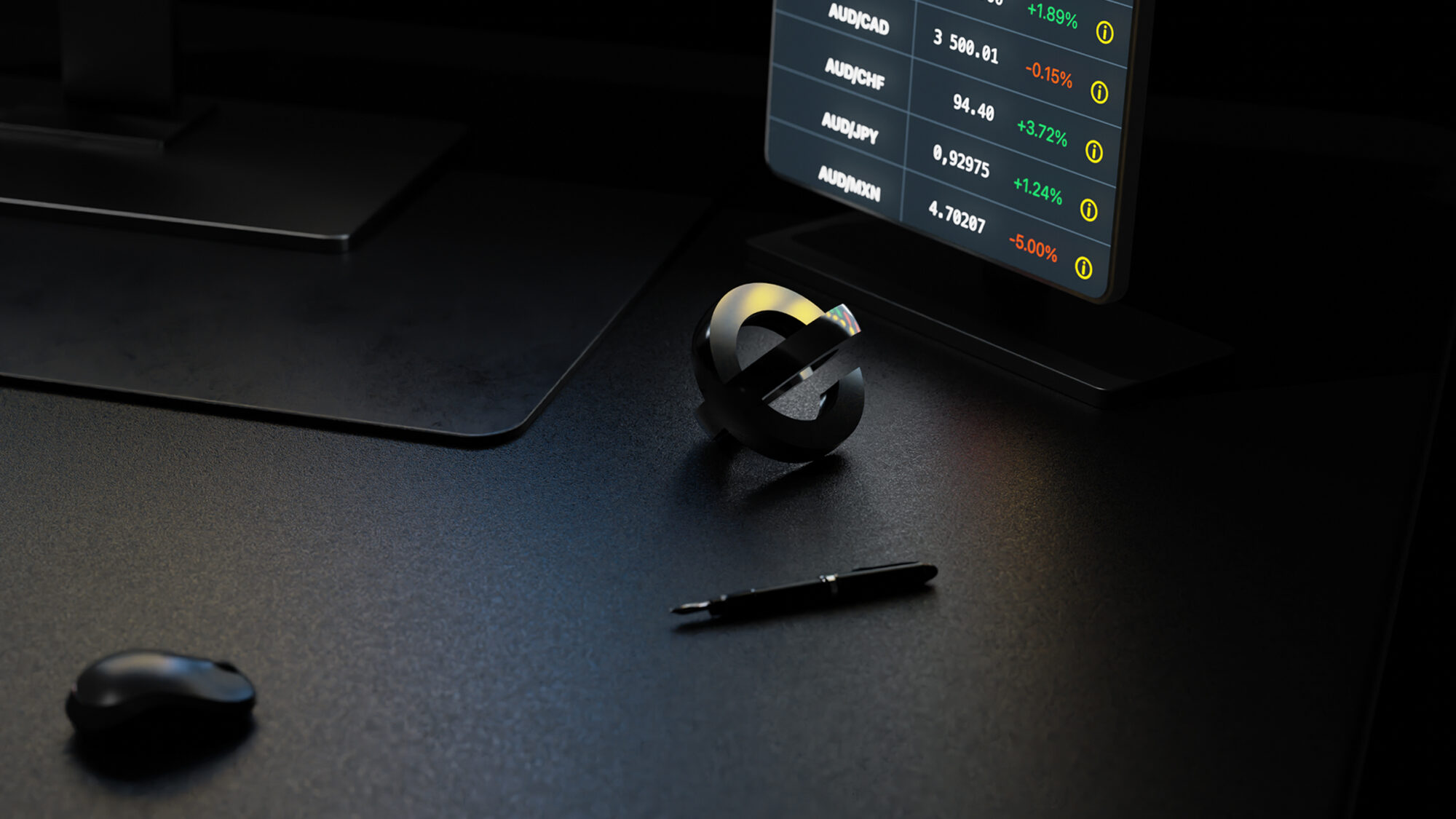 A desk with a pen, a screen with stock updates and a shiny 3D Exness logo on it.